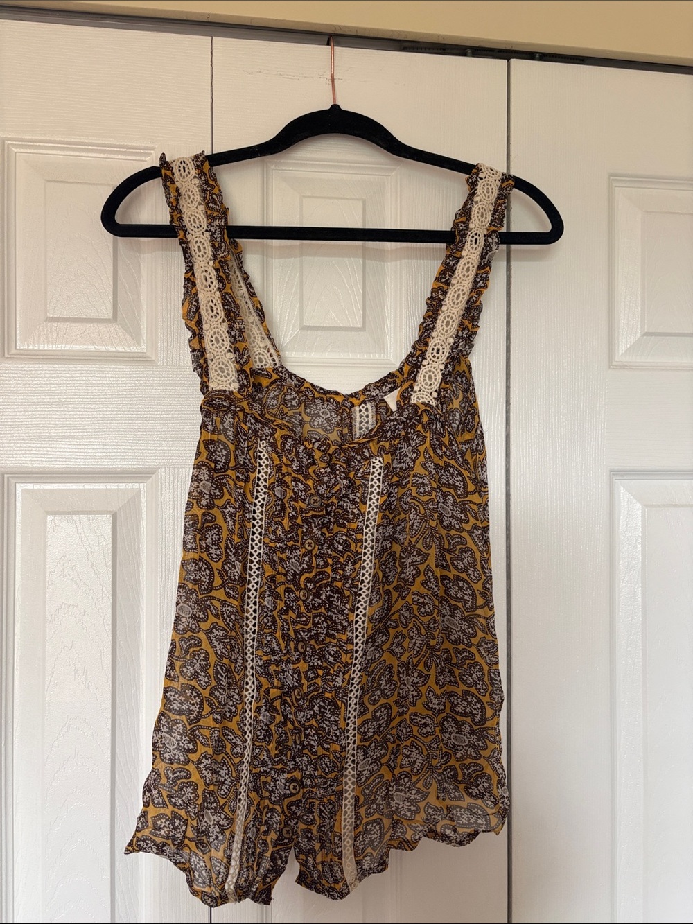 Anthropologie Mustard Paisley Crochet-Trim Cami Top